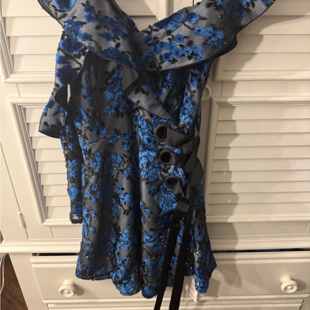 Self-Portrait One Shoulder Velvet Devoré Mini Dress Blue NWT Size 0 - Picture 8 of 17
